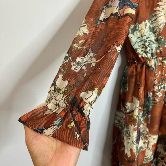 Anthropologie Hemant & Nandita Zeri Dress Brown Floral Tiered Ruffle Sleeve boho - Picture 8 of 15